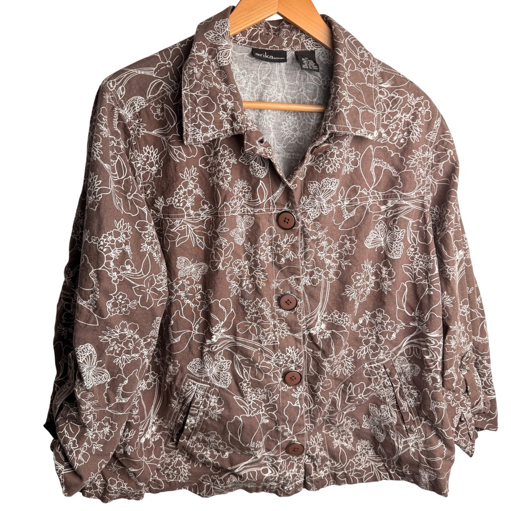 Erika Floral Linen Jacket 1X Plus Brown Butterfly Nature Boho Cottagecore Garden
